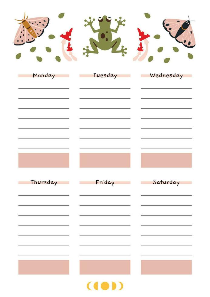 Cute weekly schedule for 6 days. Template with summer vibe, moth, frog, cartoon style. Printable A4 paper for bullet journal page. Trendy modern vector illustration, hand drawn, flat