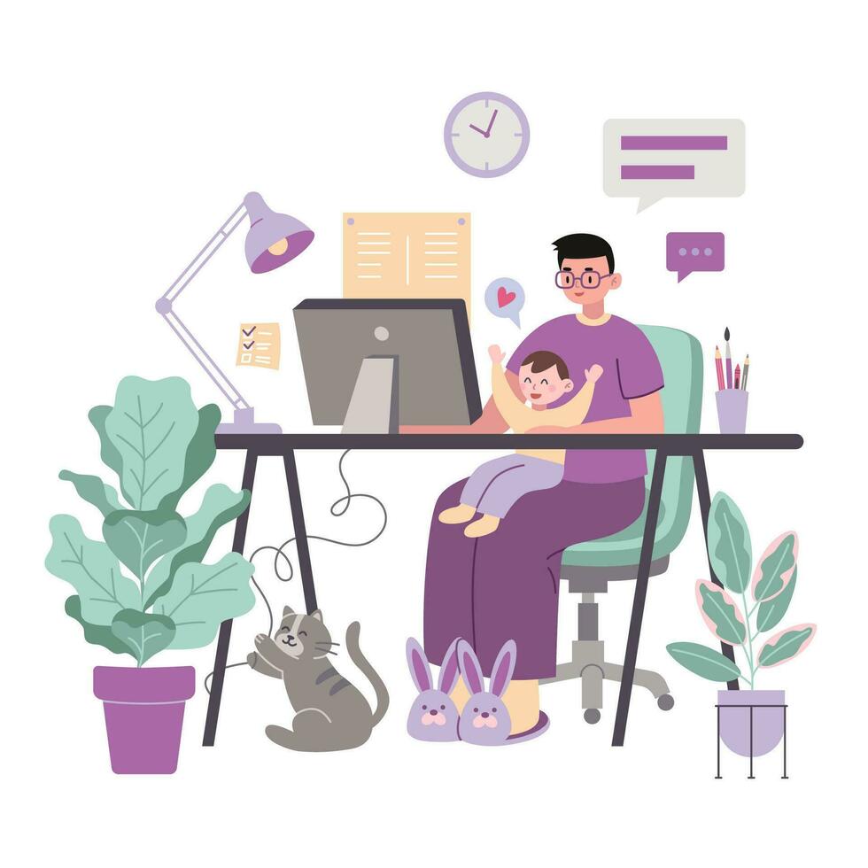 Man freelancer with child, cartoon style. Father holding baby and working on computer at home. Parenthood and career, online education. Trendy modern vector illustration, flat