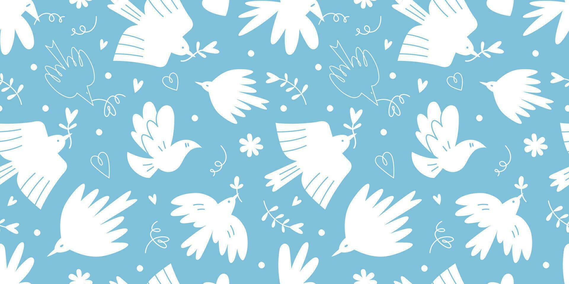 Seamless pattern with cute white birds and hearts on a blue background, cartoon style. Dove of peace, no war and freedom concept. Trendy modern vector illustration, hand drawn, flat