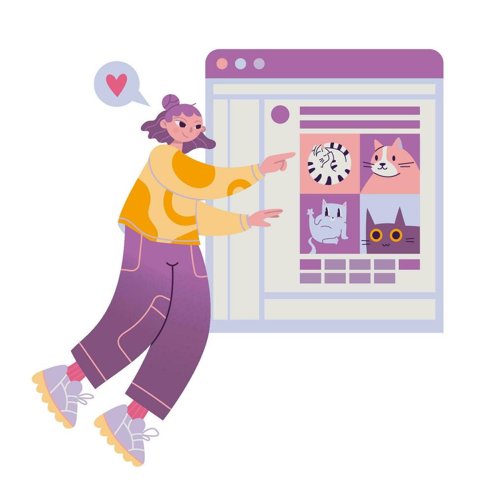 Girl uses AI service to generate images of cat and chooses from options, cartoon style. Neural network, artificial intelligence concept. Trendy modern vector isolated illustration, flat