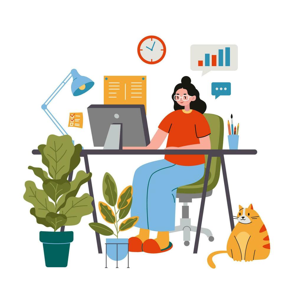 negocio mujer trabajando en computadora a el escritorio, linda acogedor hogar lugar de trabajo, dibujos animados estilo. en línea carrera profesional, yo empleado concepto. de moda moderno vector ilustración, plano