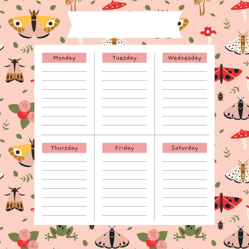 Cute weekly planner background template with a summer vibe, moth, mushrooms, plants, cartoon style. Cottagecore, goblincore aesthetics. Trendy modern vector illustration, hand drawn, flat