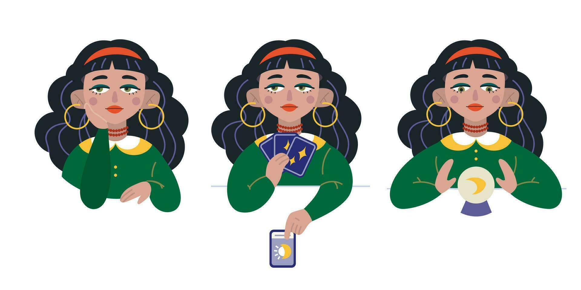 Beauty Gypsy Fortune tellers. Mystic ladies. Girls are telling the future by crystal ball and tarot cards. Set vector trendy illustrations, cartoon style.