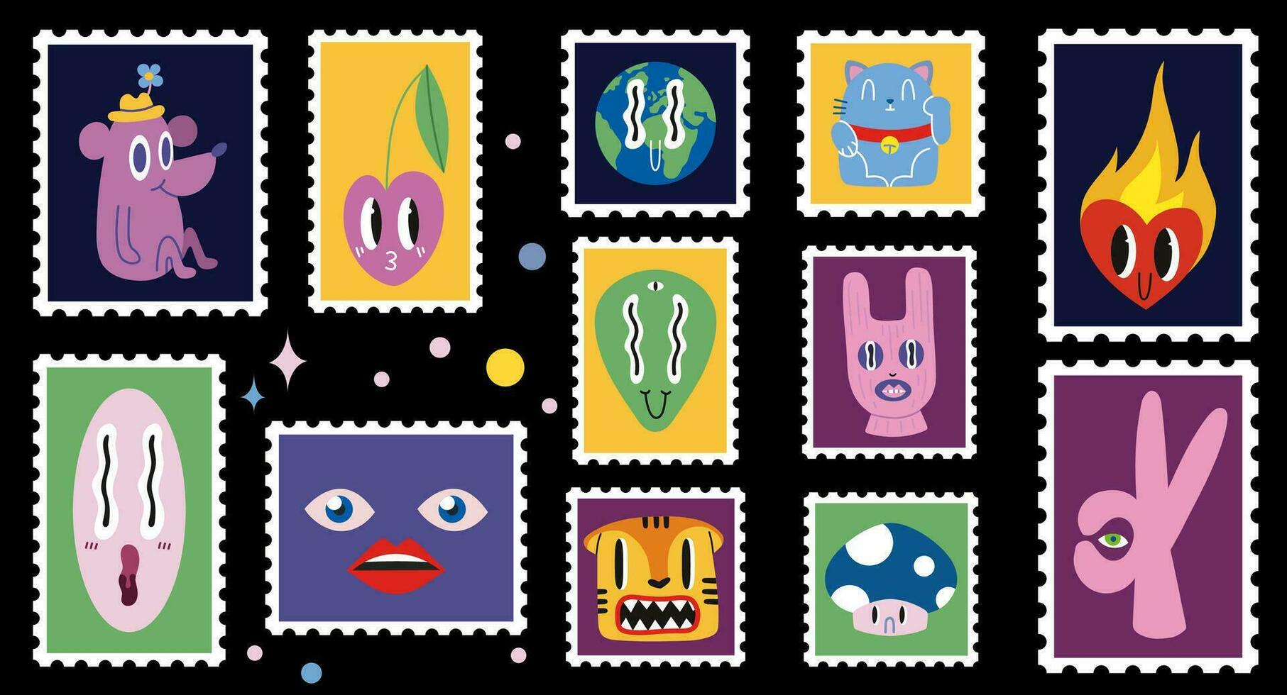 conjunto de linda dibujado a mano enviar sellos, gracioso cómic caracteres. vector