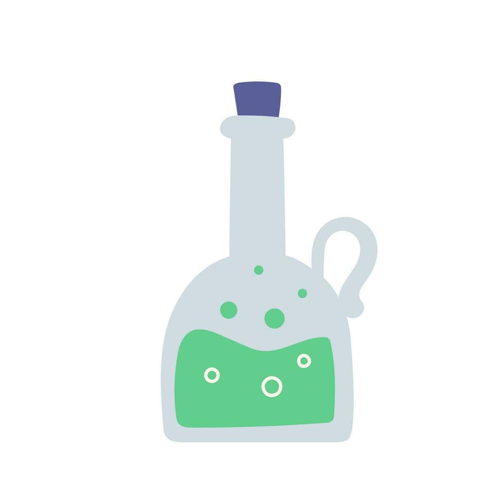 Bubbled potion magic elixir bottle, cartoon style. Glass bottle with poisonous liquid. Trendy modern vector illustration, hand drawn