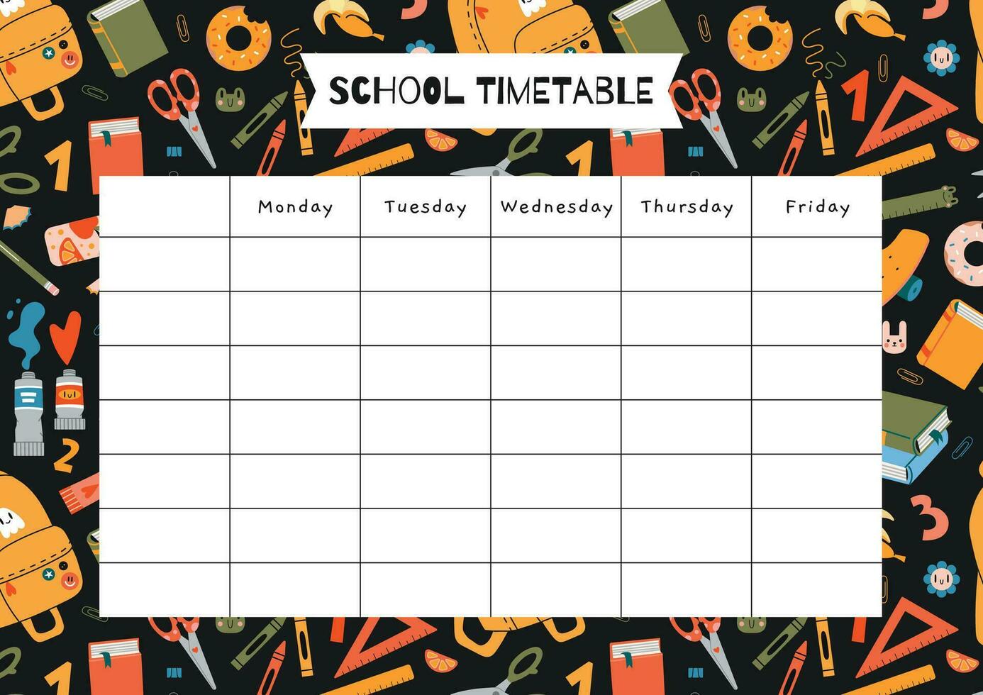 Cute school timetable with stationery and art supplies, cartoon style. Lesson schedule for 5 days. Back to school. Trendy modern vector illustration, hand drawn, flat