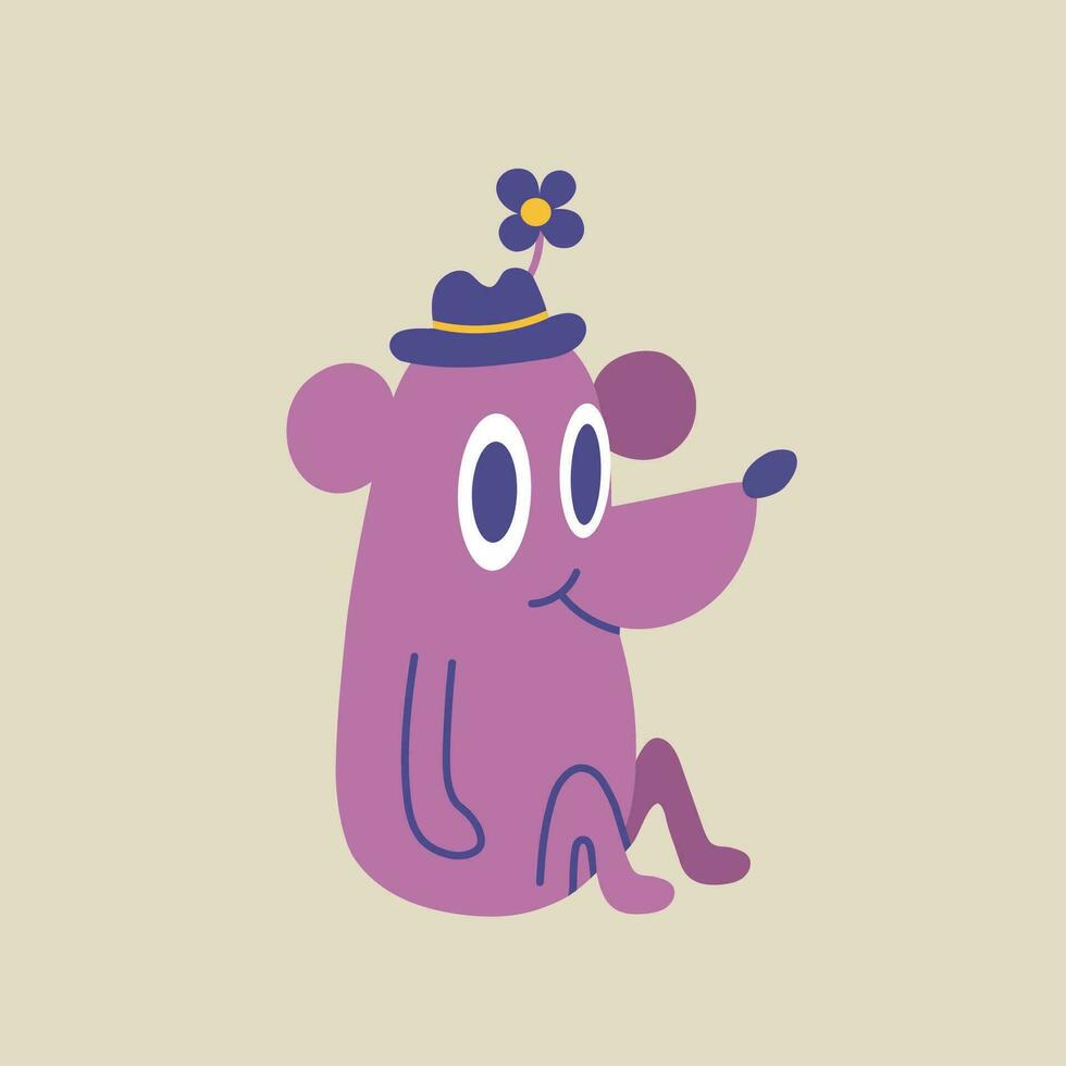 Cute mouse in a hat sits, cartoon style, funny Comic character. vector