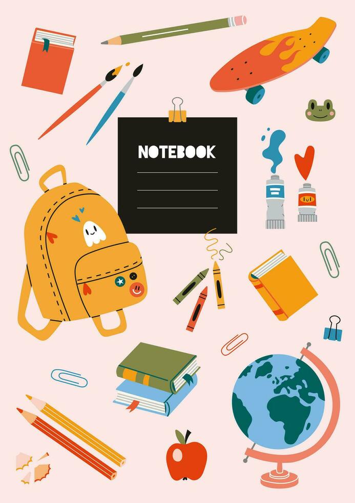 Trendy cover design on a school theme, cartoon style vector illustration.  Cool design with student stationery and art supplies. For notebooks, planners, brochures, books, catalogs