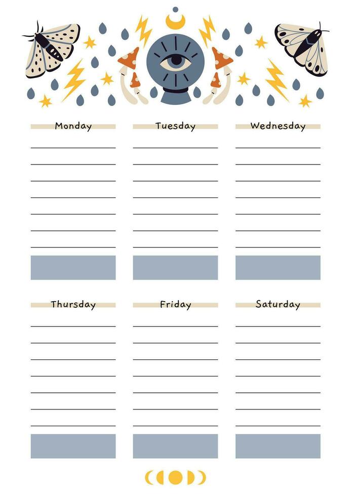 Cute school timetable for 6 days. Template with magic occult things, witchcraft, cartoon style. Printable A4 paper for bullet journal page. Trendy modern vector illustration, hand drawn, flat