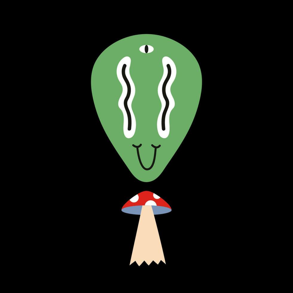 Vintage Green alien with mushroom UFO, cartoon style, funny Comic character. vector