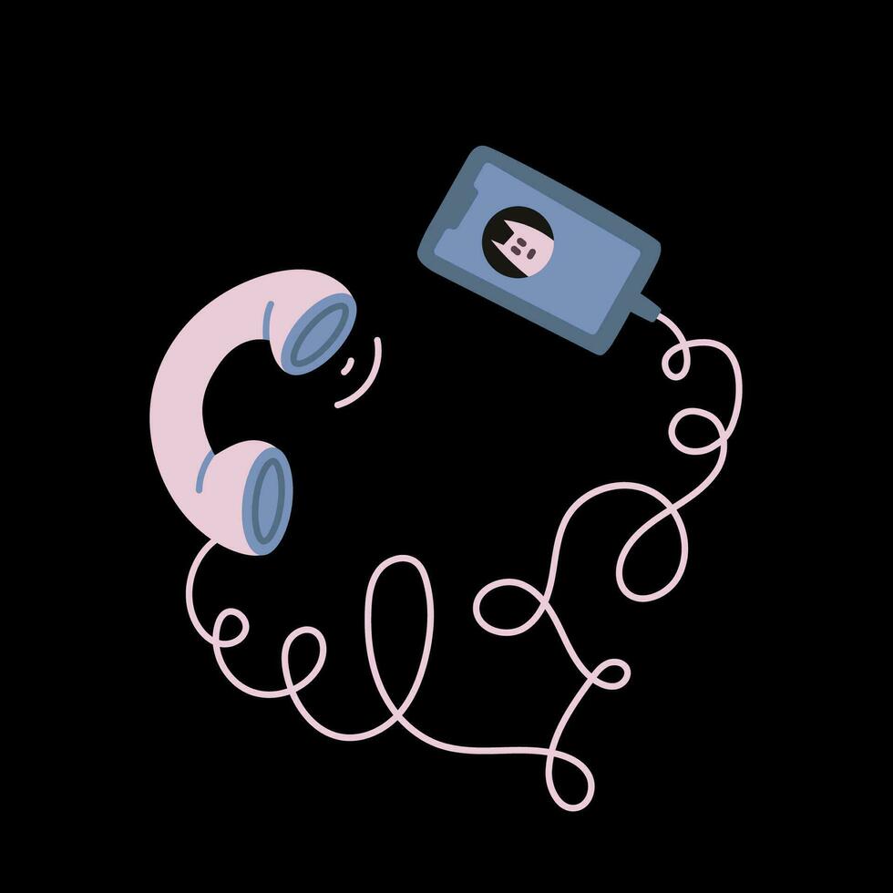 Retro Landline phone with smartphone, cartoon style. vector