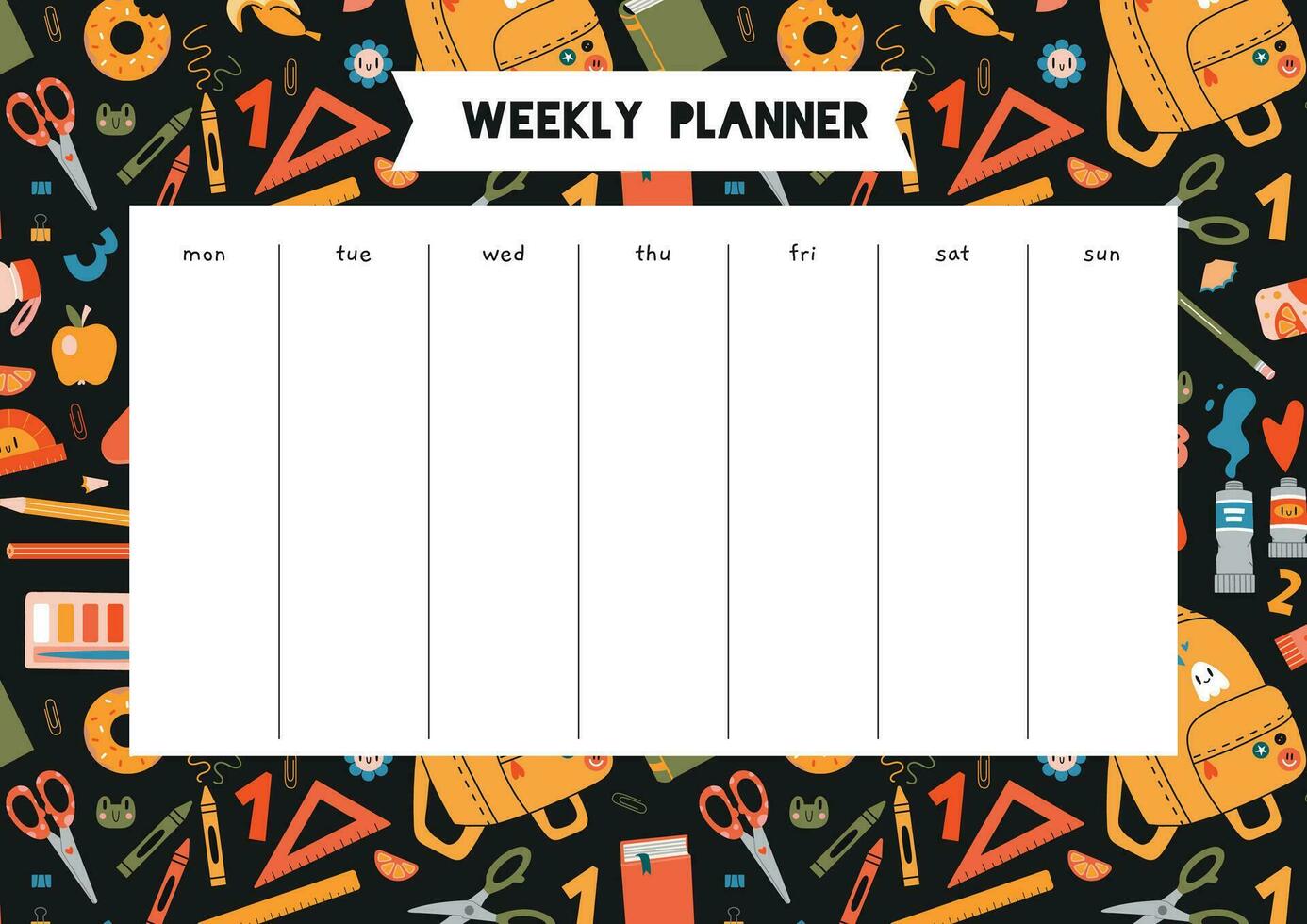 Cute weekly planner with school stationery and art supplies, cartoon style. Schedule for 7 days. Trendy modern vector illustration, hand drawn, flat