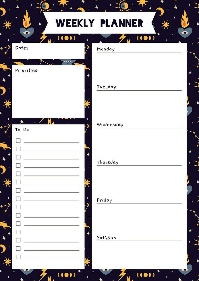 Cute weekly planner template, to do list, with Sun and moon, constellations, cartoon style. Space and astrological theme, zodiac. Trendy modern vector illustration, hand drawn, flat