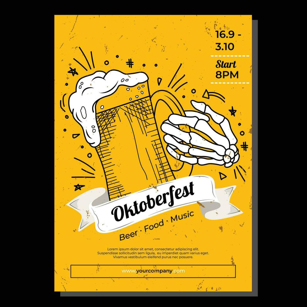 Oktoberfest party poster illustration with skeleton hand holding a beer on yellow background vector