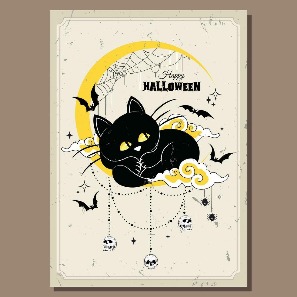 contento Víspera de Todos los Santos tarjeta con negro gato dormido en el Luna vector