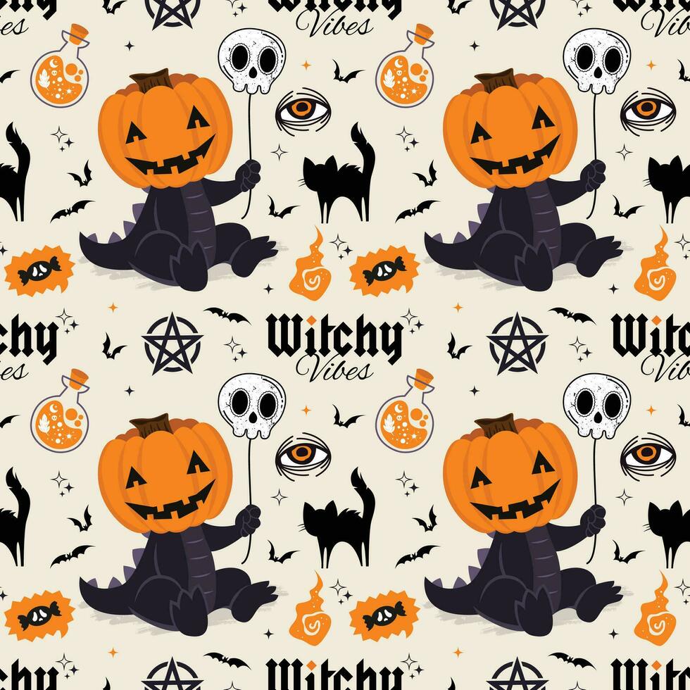 Seamless pattern with black pumpkin head dinosaur and friends. It can be used for textile, wallpaper, wrapping vector