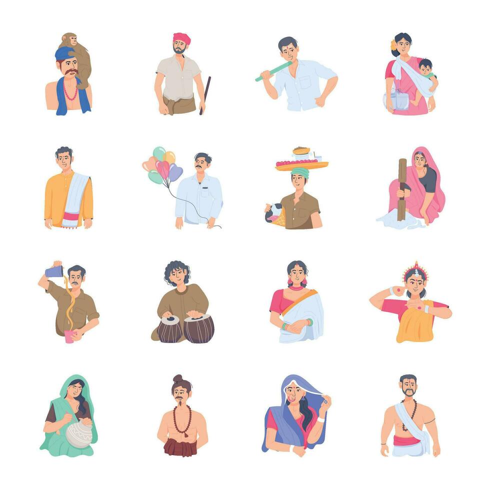 moderno conjunto de hindú personas plano ilustraciones vector