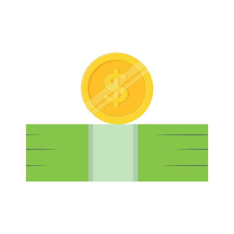 Bundle of paper money and golden dollar vector