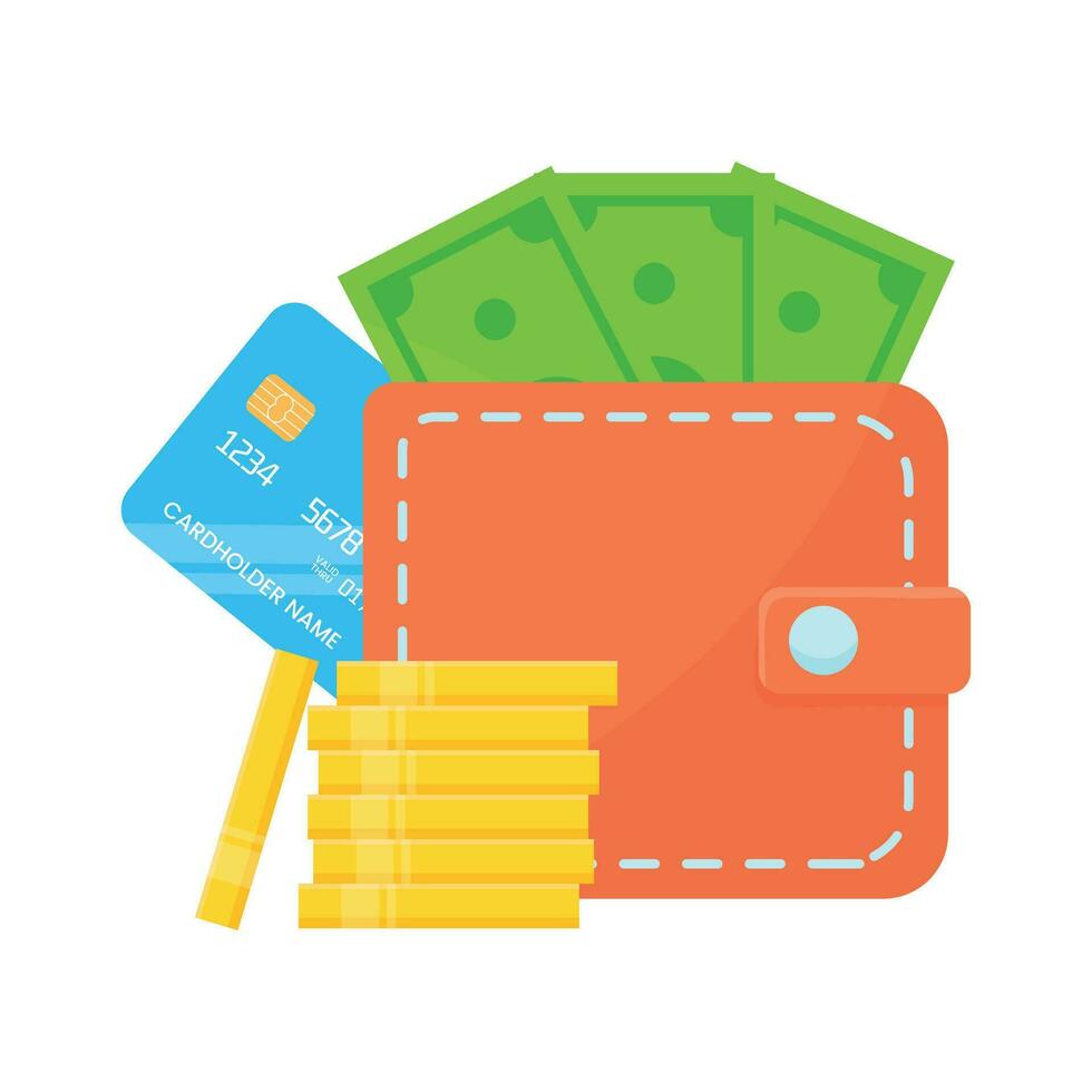 Wallet with money, credit card and coins vector