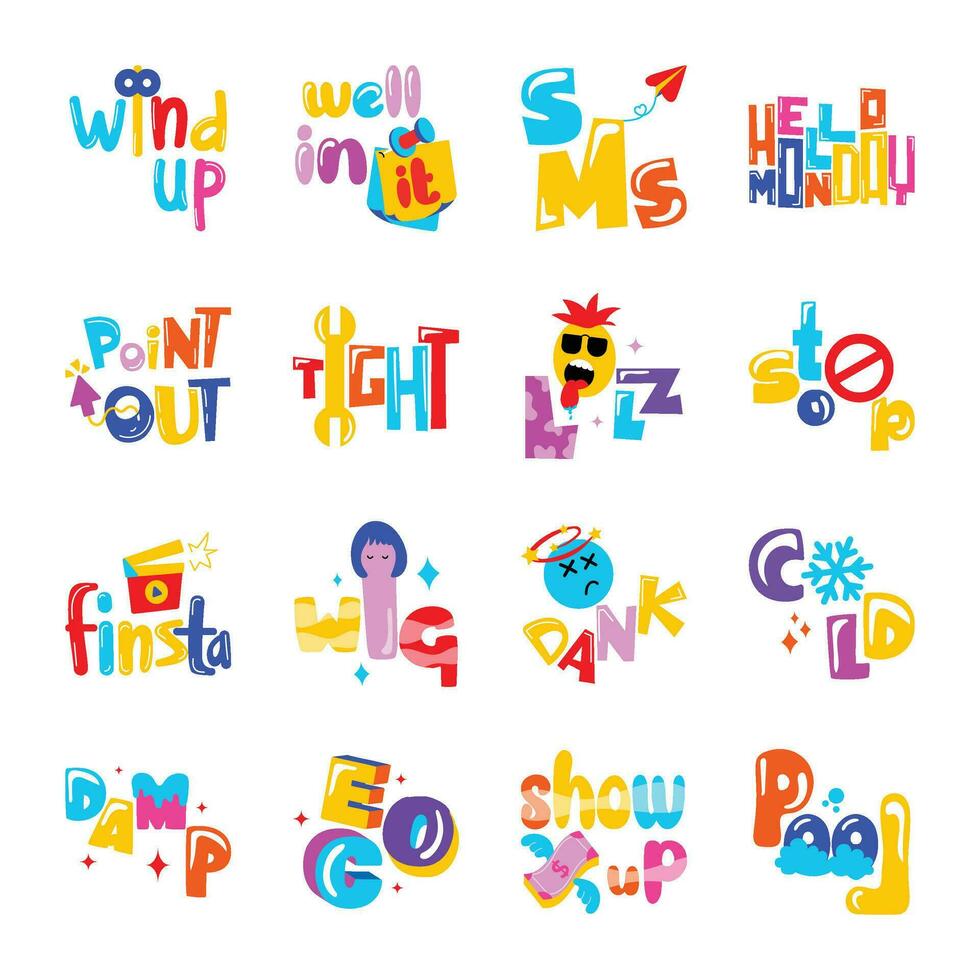 Bundle of Emoticon Words Flat Stickers vector