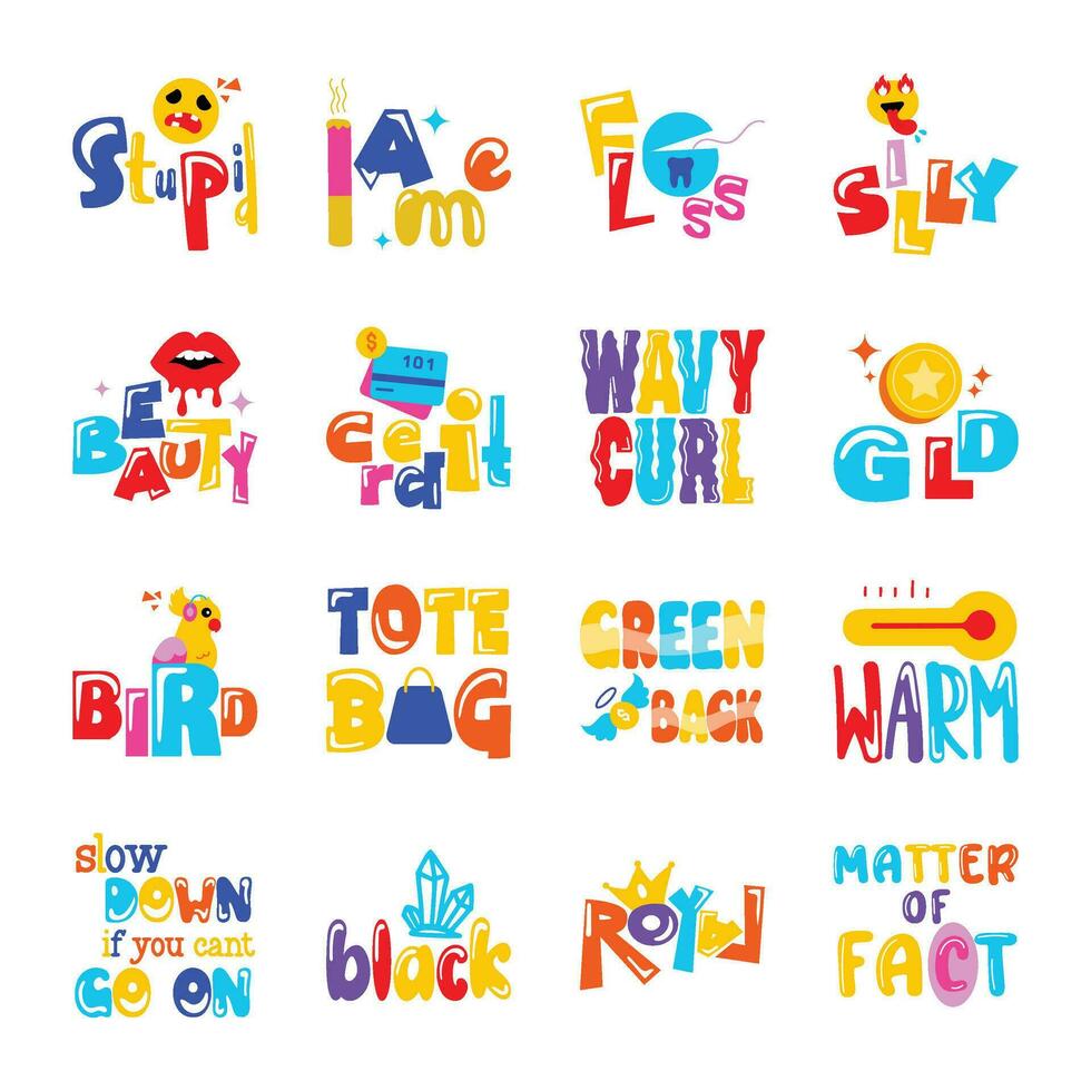 Bundle of Typography Letters Flat Stickers vector