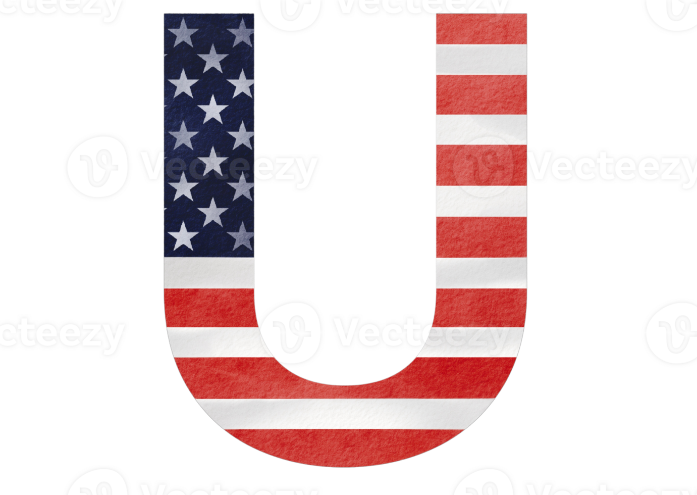 Letter U hand painted watercolor USA alphabet text with United state of  America  flag inside png