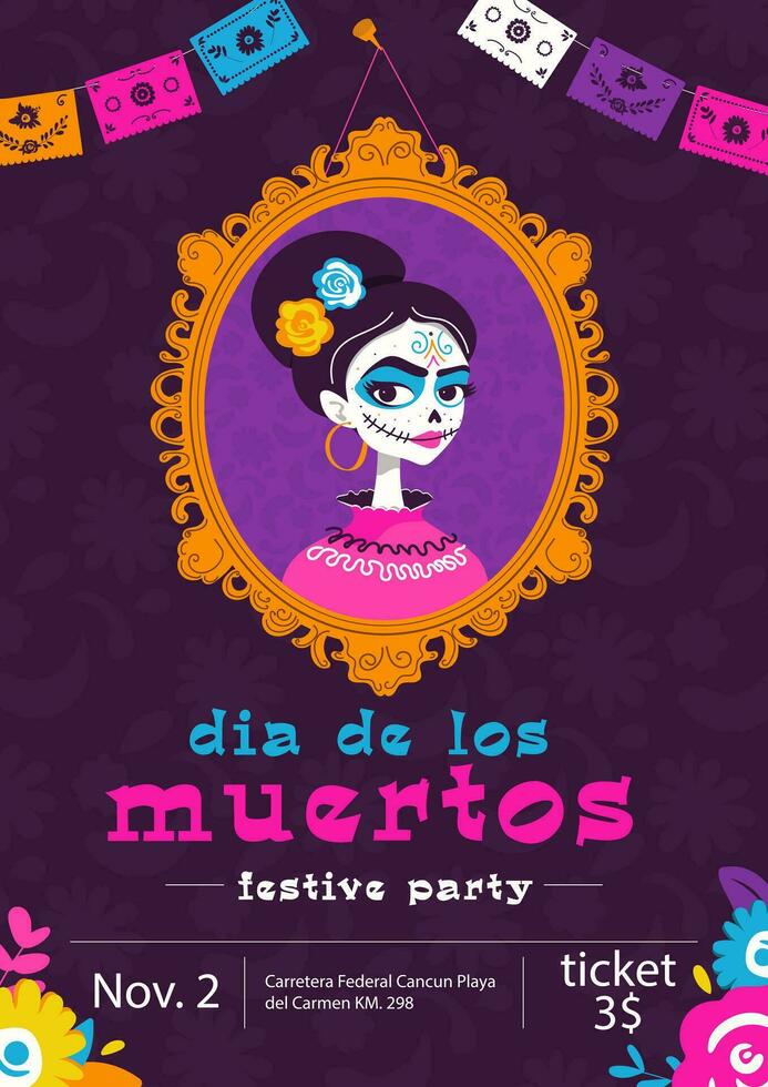 mexicano día de el muerto fiesta invitación modelo con retrato de muerto niña y flores en rosa, azul y púrpura sombras. vector