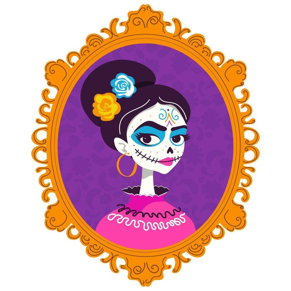 Vector illustration for the Mexican holiday Day of the Dead. Image of a dead girl in portrait frame in cartoon style with purple, blue and pink shades for packaging or fabric printing