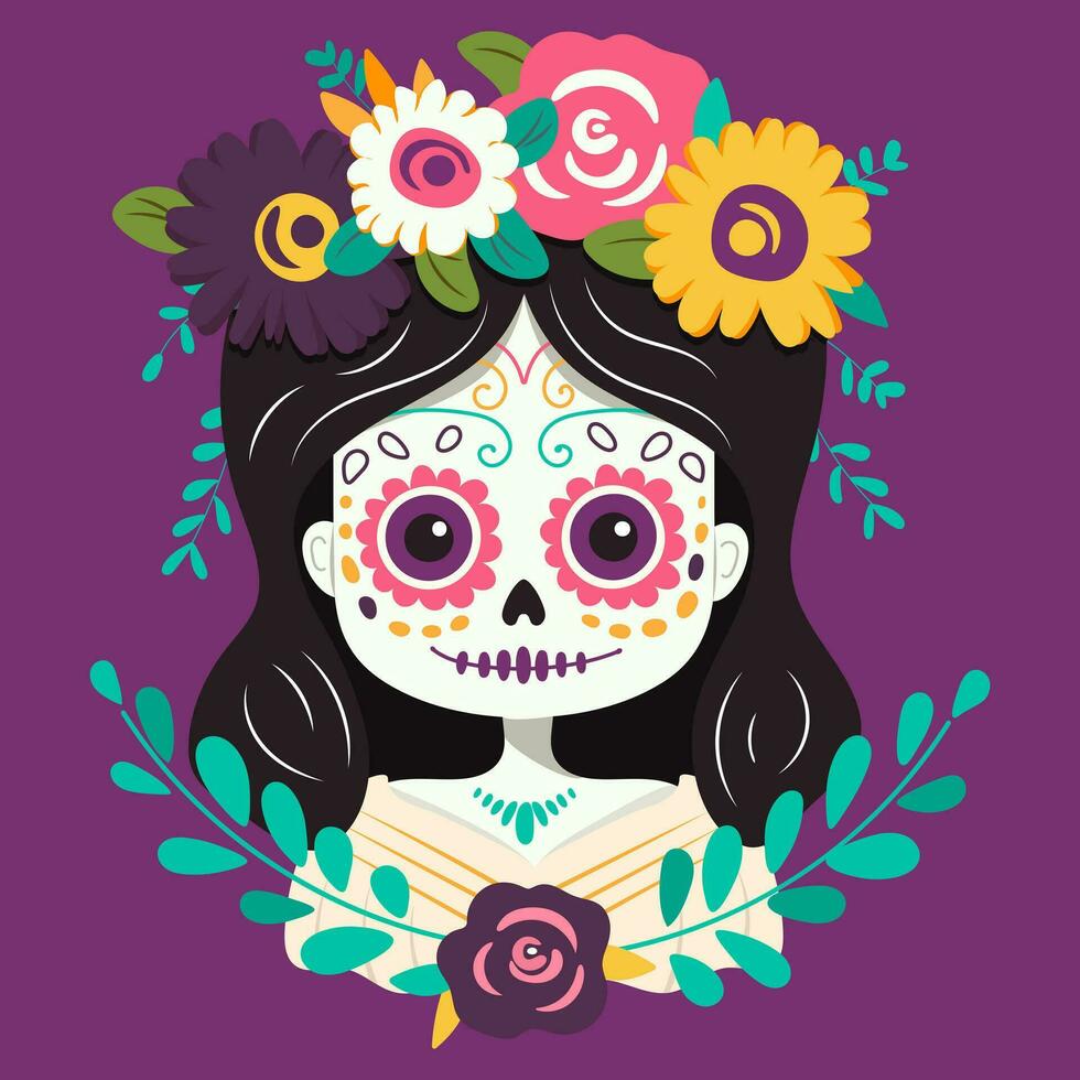 Vector illustration portrait of dead girl with flowers in pink and purple shades for Mexican holiday day of the dead. Celebration print with skull and flowers in cartoune style for textile or object