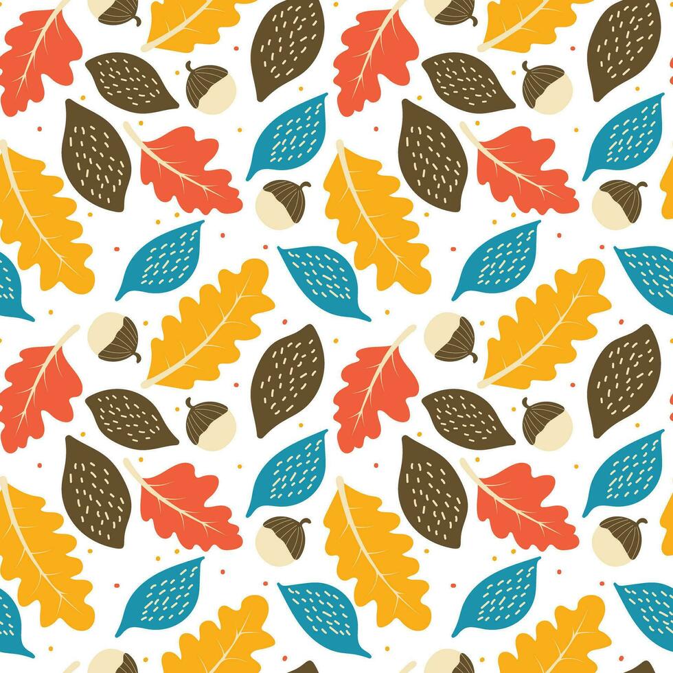 Seamless fall pattern with blue and yellow leaves and walnuts in cartoune style with simple shapes for a seasonal textile or object print vector