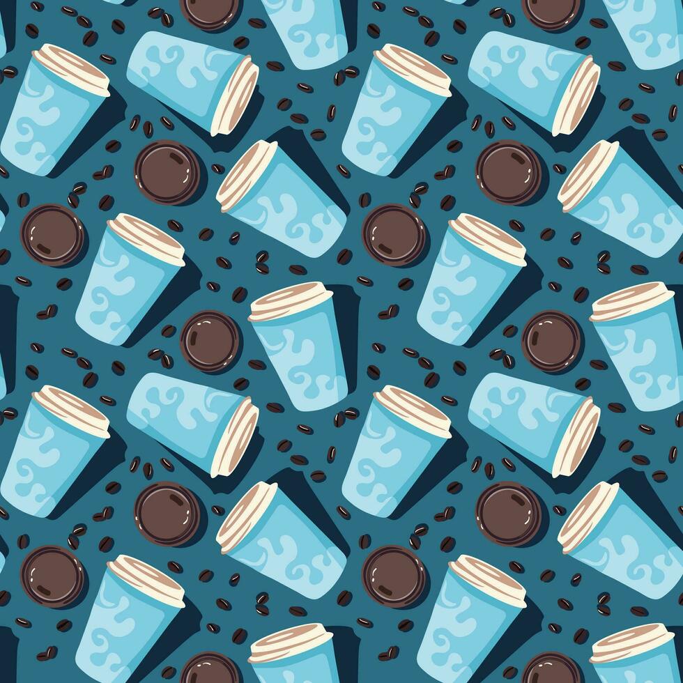 Seamless pattern with coffee cups in light blue color and beans in dark blue background for textile or object prints vector