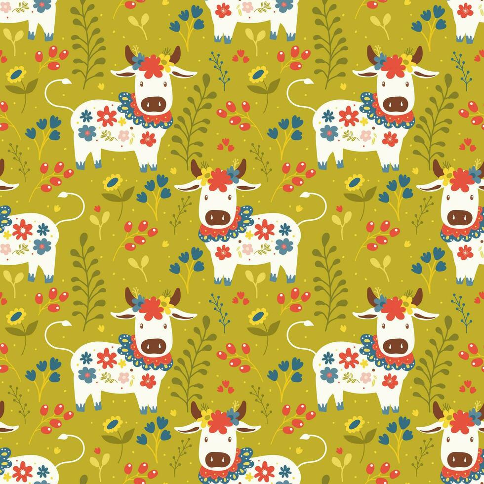 Seamless baby print pattern on green floral background cows decorated with flowers in folkloric style for textiles or objects vector