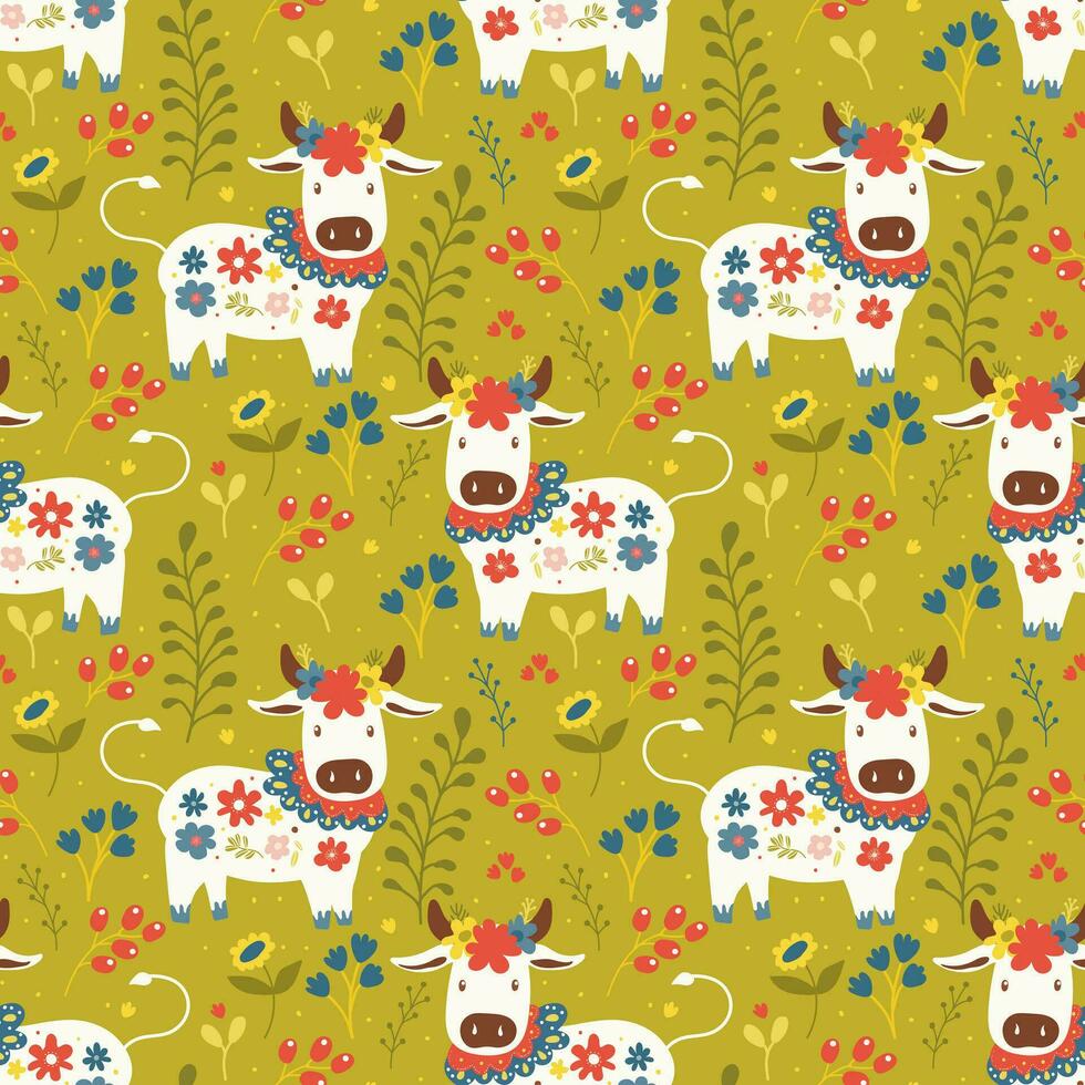 Seamless baby print pattern on green floral background cows decorated with flowers in folkloric style for textiles or objects vector