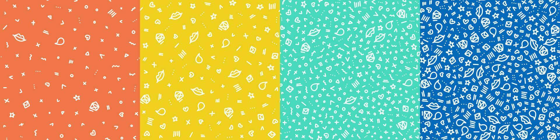 Vector doodle seamless pattern set. Tiny elements hand drawn hearts, lips, kisses, speech bubbles, letters and geometric items background. Tiny elements repeatable backdrops.