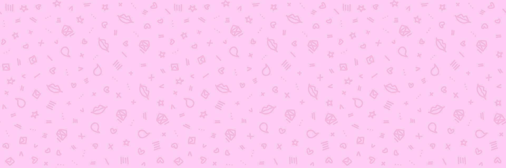 Vector doodle seamless pattern. Tiny elements hand drawn hearts, lips, kisses, speech bubbles, letters and geometric items pink color background. Tiny elements repeatable backdrops.