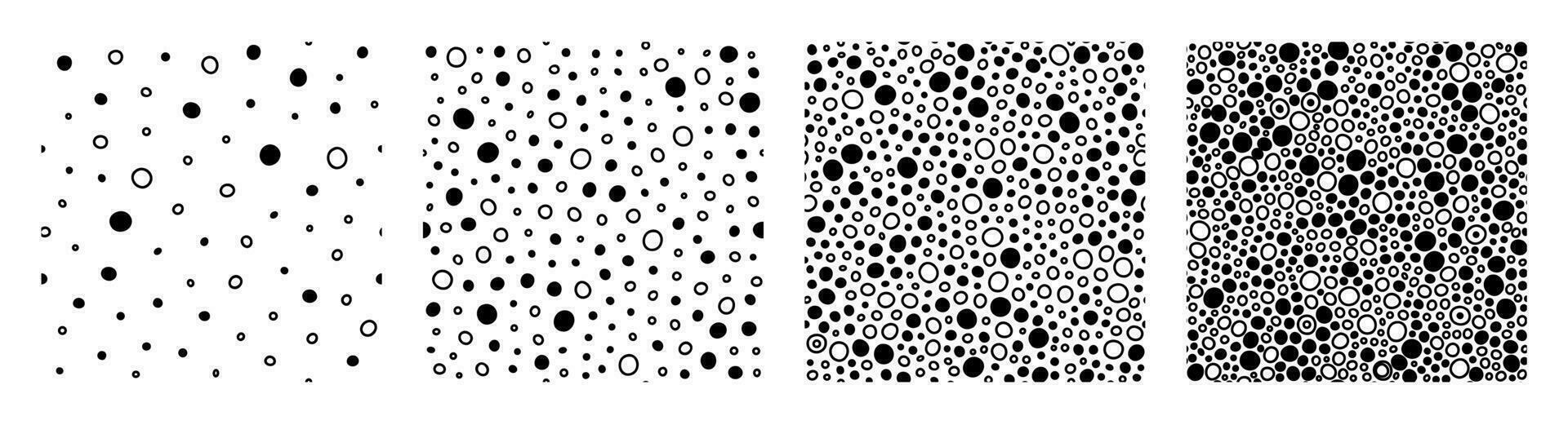 Black outlined and filled circles background, seamless patterns. Vector simple repeatable backdrop set. Minimalistic wallpapers.