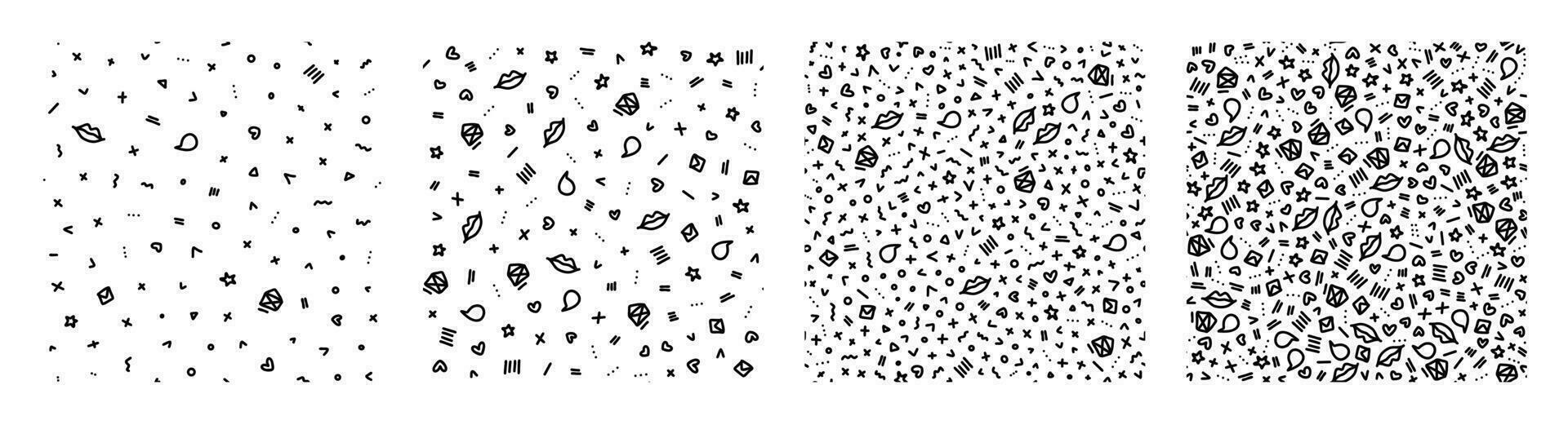 Vector doodle seamless pattern set. Tiny elements hand drawn hearts, lips, kisses, speech bubbles, letters and geometric items background. Tiny elements repeatable backdrops.