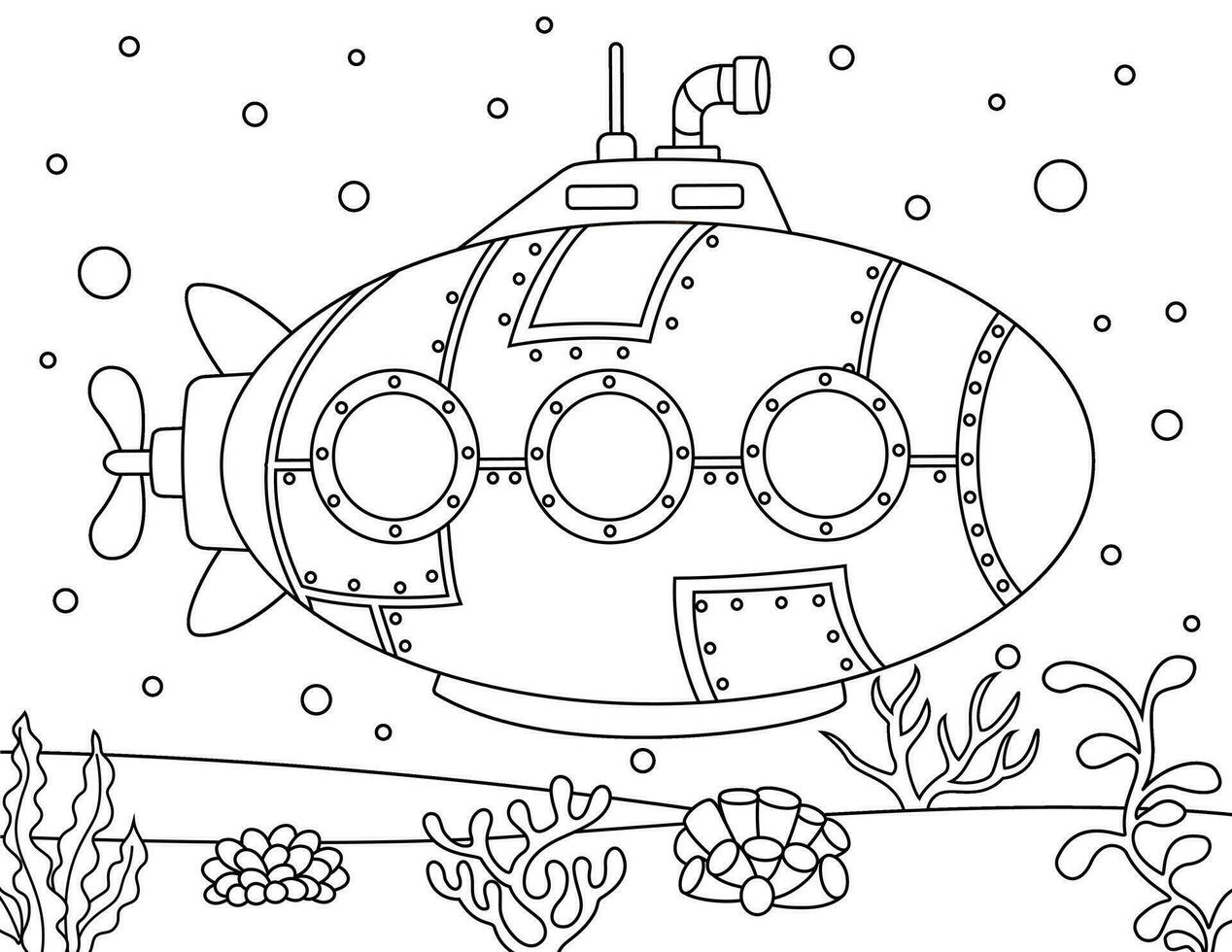 Coloring book or page for kids. Submarine black and white vector illustration. doodle style