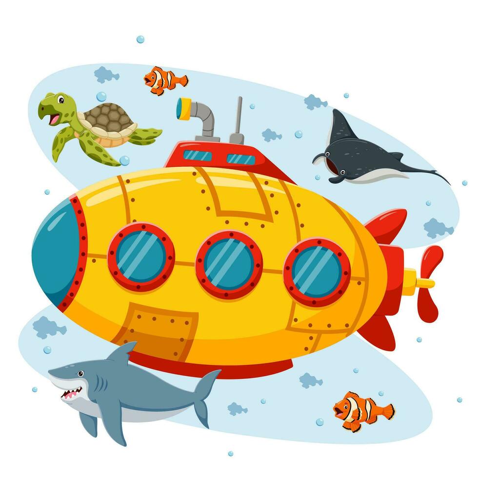 Cartoon Submarine Under The Sea. Vector illustration