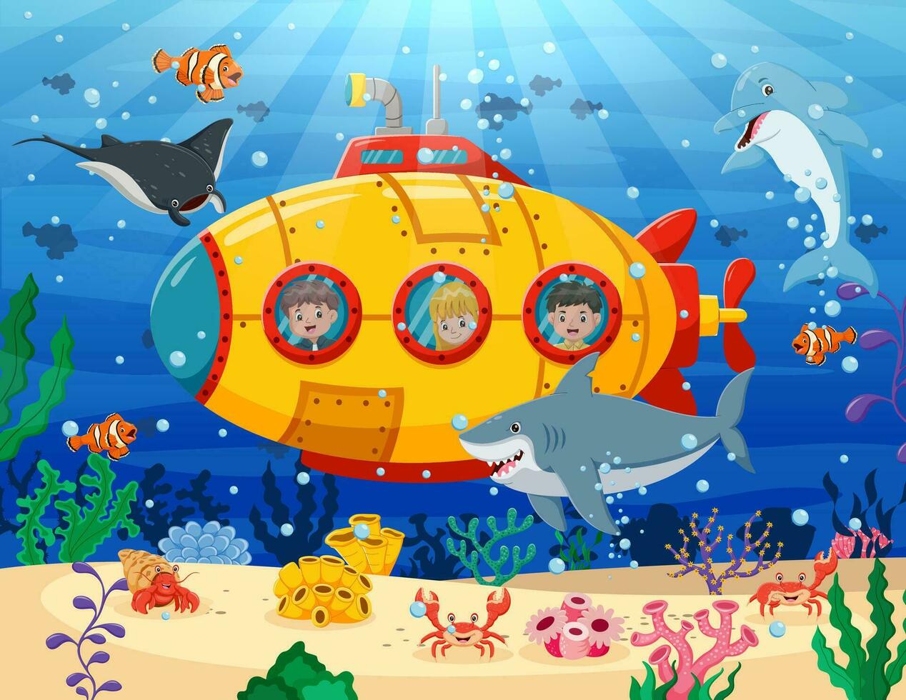 dibujos animados submarino debajo el mar. pequeño inquisitivo niños en batíscafo explorar submarino mundo. vector ilustración