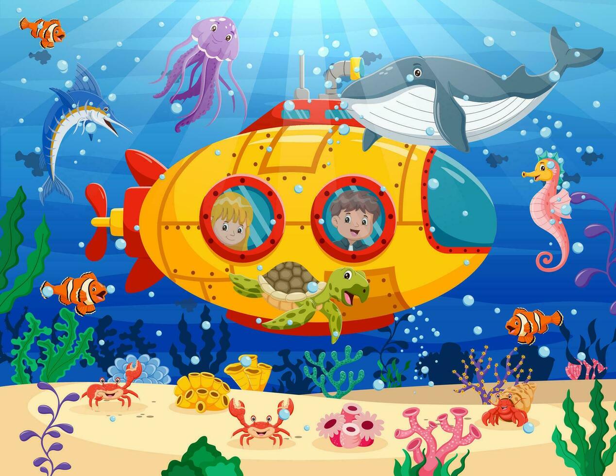 Cartoon Submarine Under The Sea. Small inquisitive children on bathyscaphe explore underwater world. Vector illustration