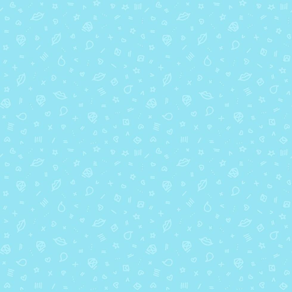 Vector doodle seamless pattern. Tiny elements as hand drawn hearts, lips, kisses, speech bubbles, letters and geometric items light blue color background. Tiny elements repeatable backdrops.