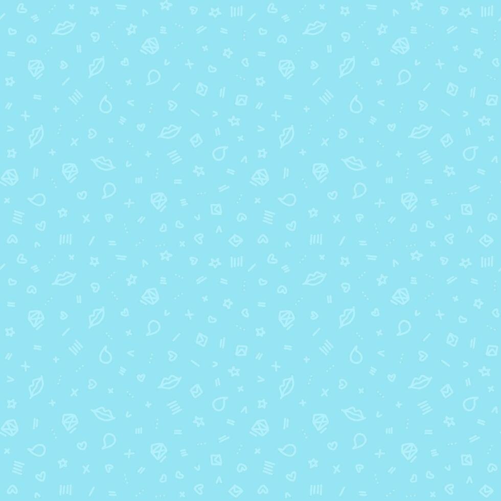 Vector doodle seamless pattern. Tiny elements as hand drawn hearts, lips, kisses, speech bubbles, letters and geometric items light blue color background. Tiny elements repeatable backdrops.