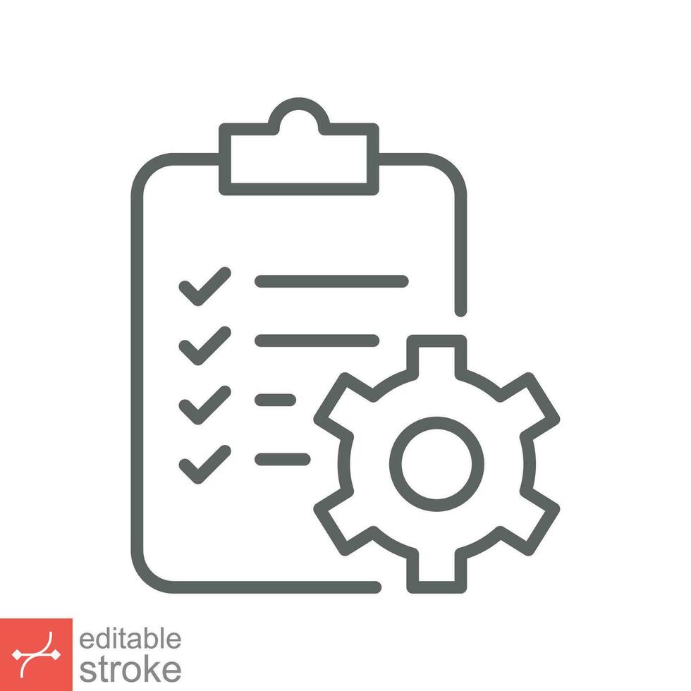Clipboard with gear icon. Simple outline style. Project plan, document, task check list, cog, management concept. Thin line vector illustration isolated on white background. Editable stroke EPS 10.