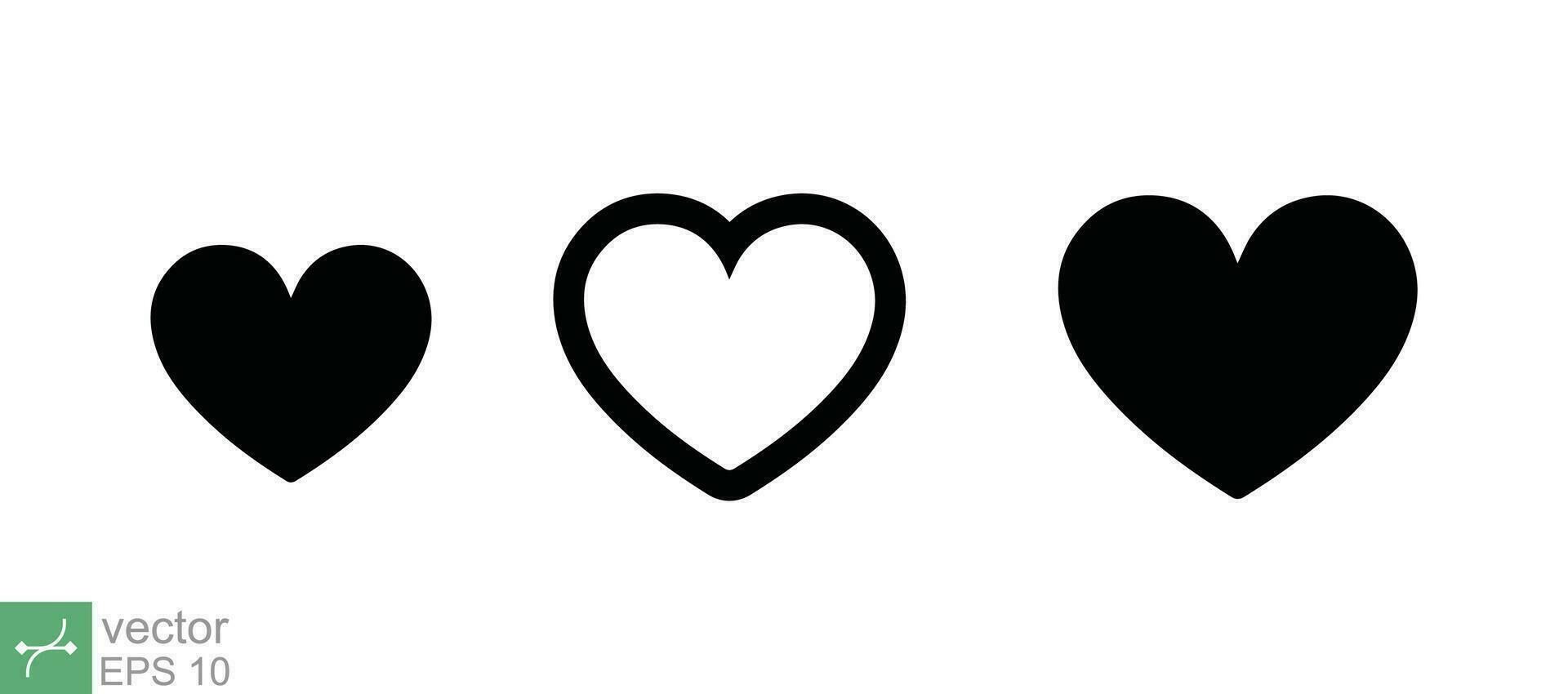 Set of heart icon. Simple outline, flat, solid style. Black heart silhouette, minimal line stroke heart symbol, medical, health concept. Vector illustration isolated on white background. EPS 10.