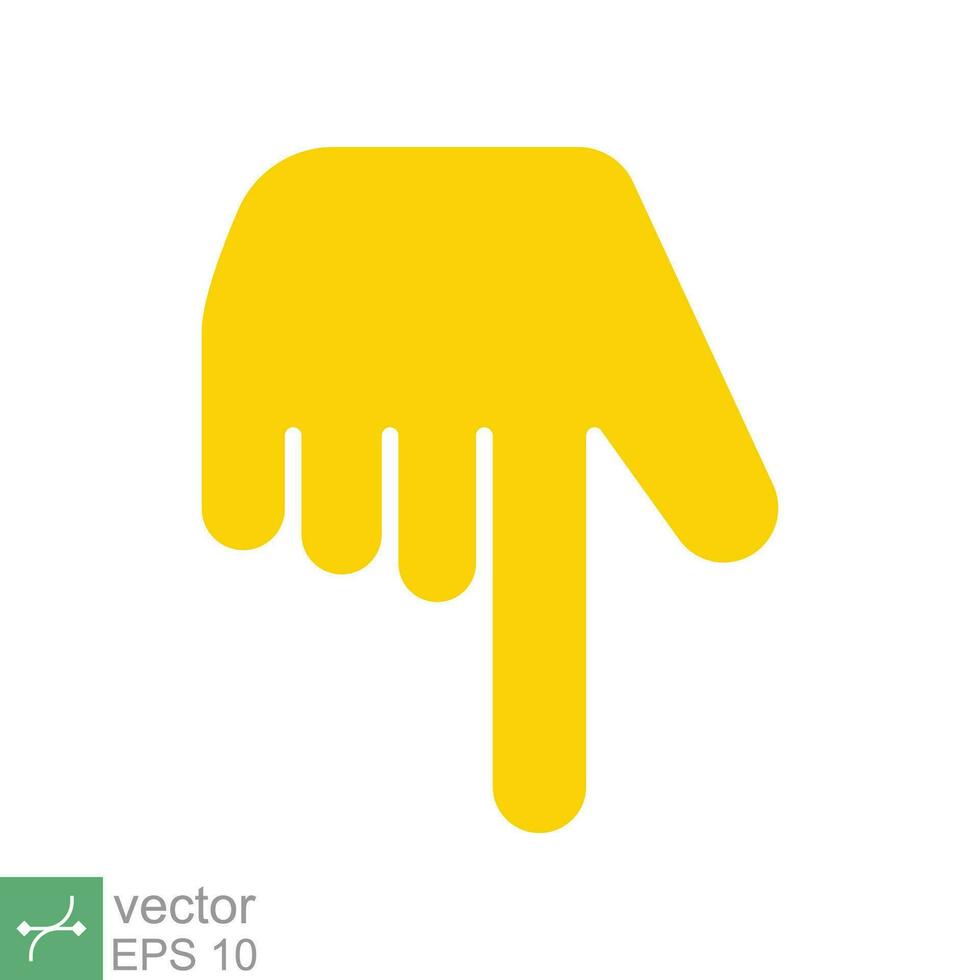 Yellow backhand index pointing down icon. Simple flat style. Hand, down, arrow, finger concept. Vector illustration isolated on white background. EPS 10.