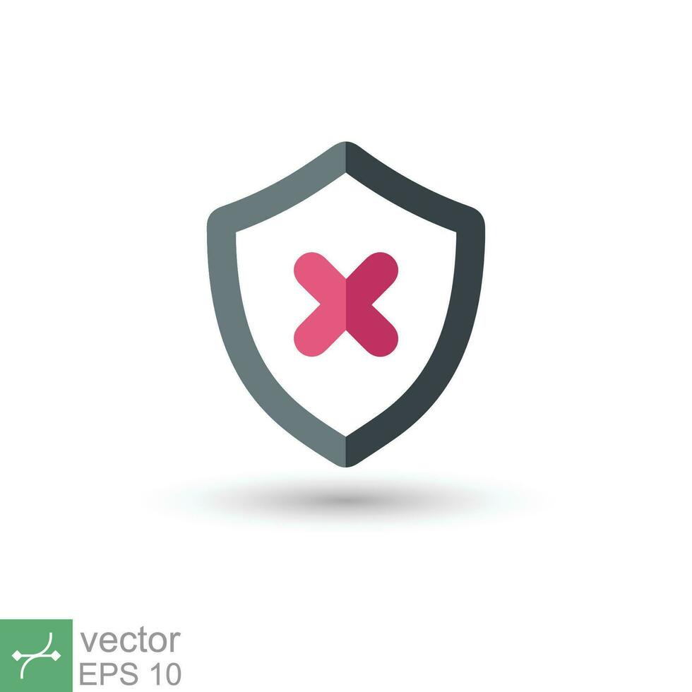 Shield with cross mark icon. Simple flat style. Decline, check mark false, danger protection, red alert, unsafe concept. Vector illustration symbol isolated on white background. EPS 10.