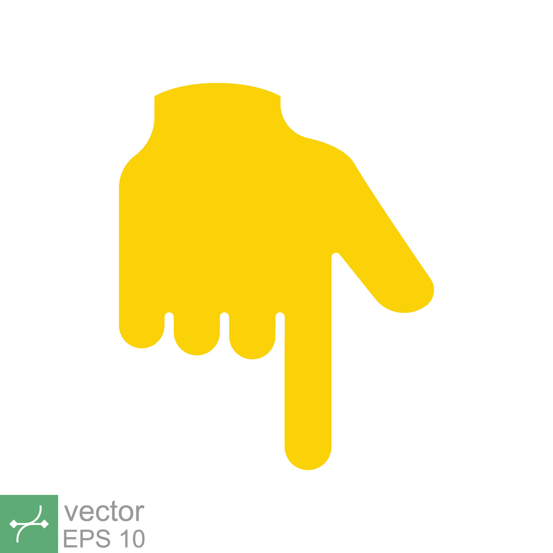 Yellow backhand index pointing down icon. Simple flat style. Hand, down