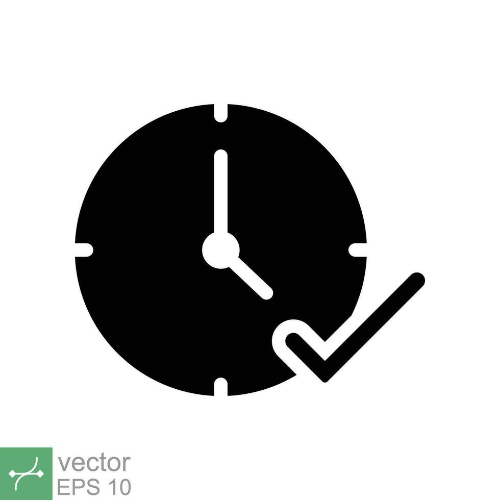 Check mark on clock icon. Simple solid style. Real time protection, perfect hour, circle watch, timer concept. Glyph vector illustration isolated on white background. EPS 10.