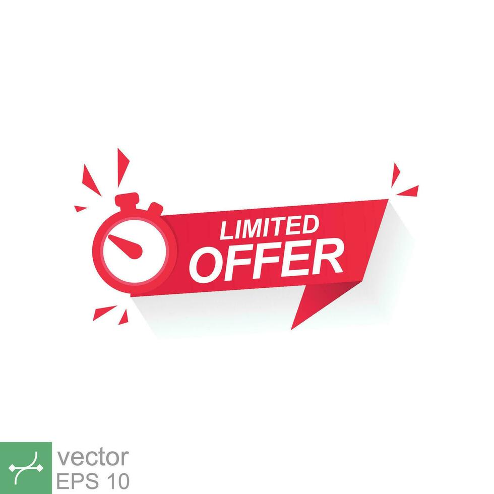 Red limited offer with clock for promotion, banner, price, sale. Label countdown time for exclusive deal, last chance. Alarm clock with limited offer isolated background. Vector illustration EPS 10.